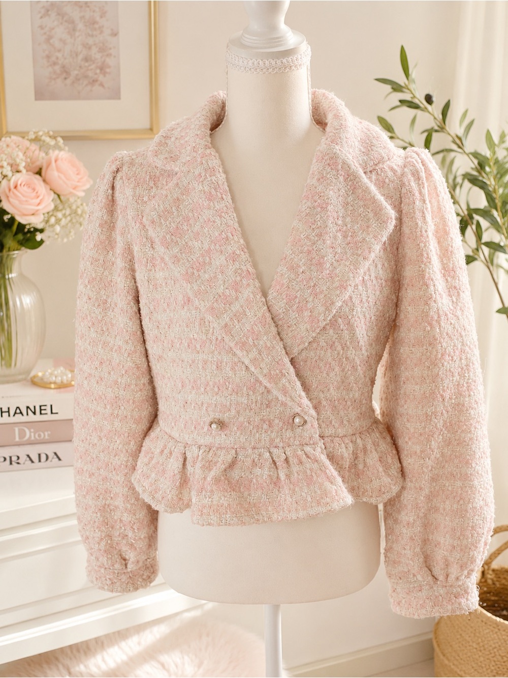 Storia Pink Ivory Tweed Peplum Blazer Jacket Pearl Buttons Size L